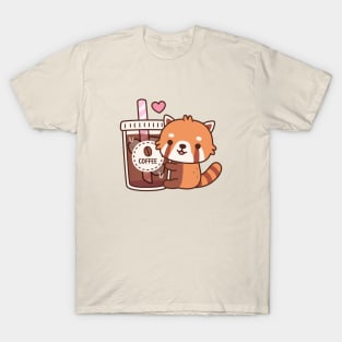 Cute Little Red Panda Hugging Iced Coffee T-Shirt